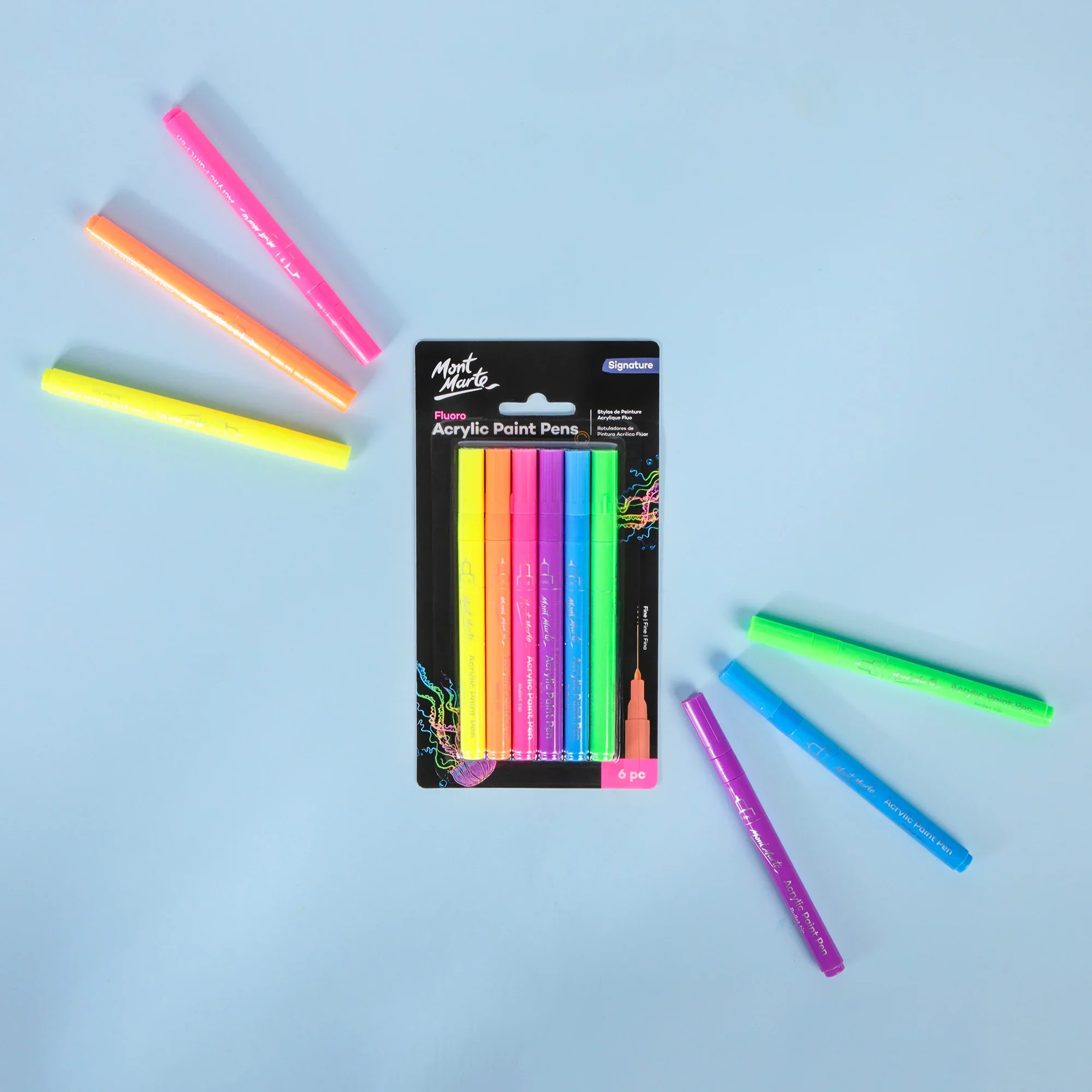 Mont Marte Fluoro Acrylic Paint Pens Fine Tip 6pc - Image 2