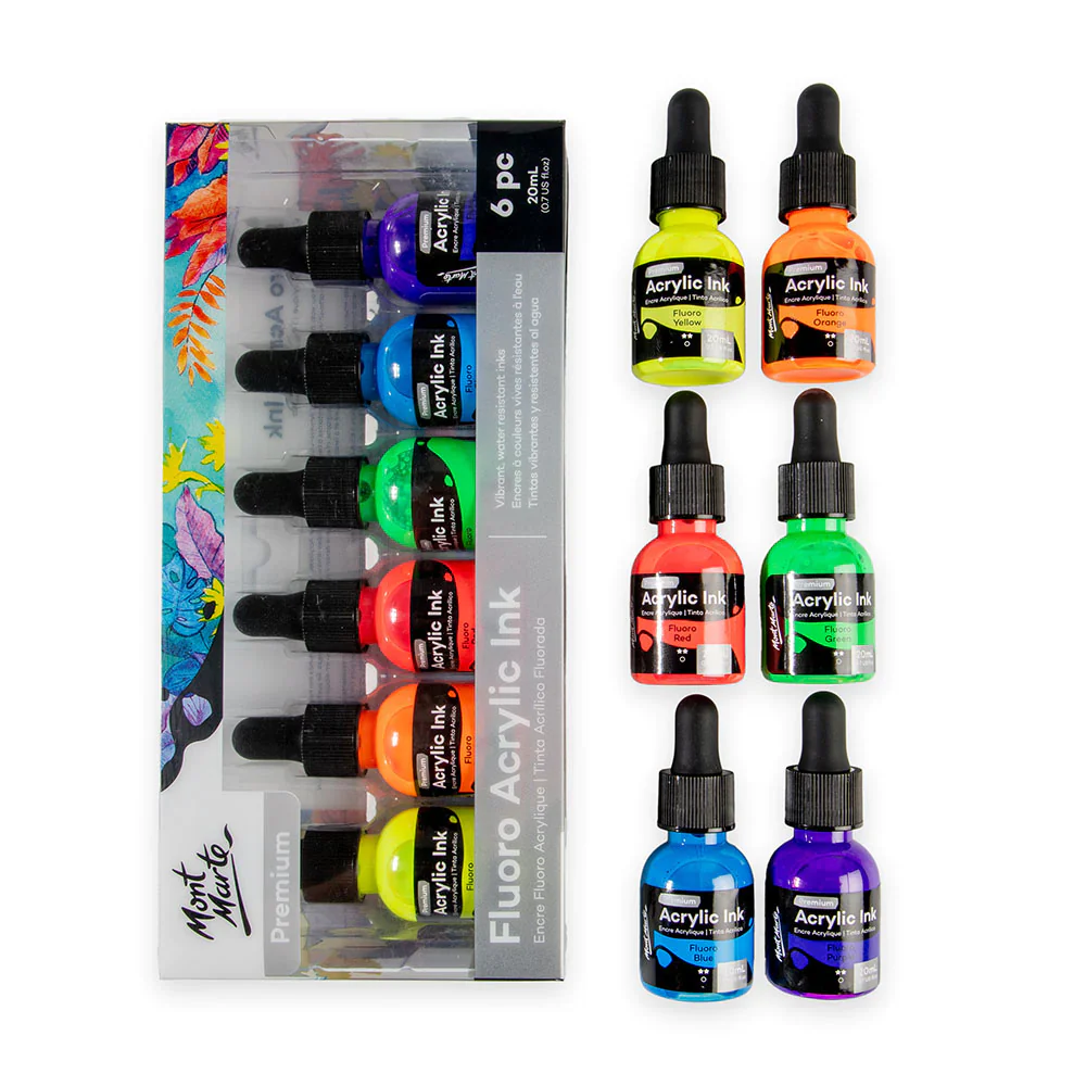 Mont Marte Fluro Acrylic Ink Set 6pk - Image 3